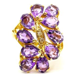 18K Solid Yellow Gold Amethyst with Natural Diamond